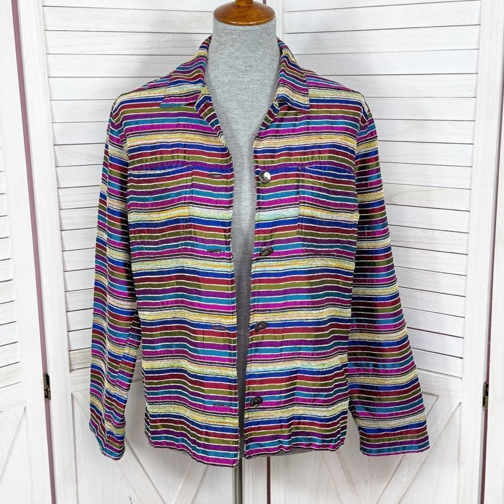 Vintage Chico's Rainbow Striped Silk Blend Shirt Jacket Shacket Multicolor Small